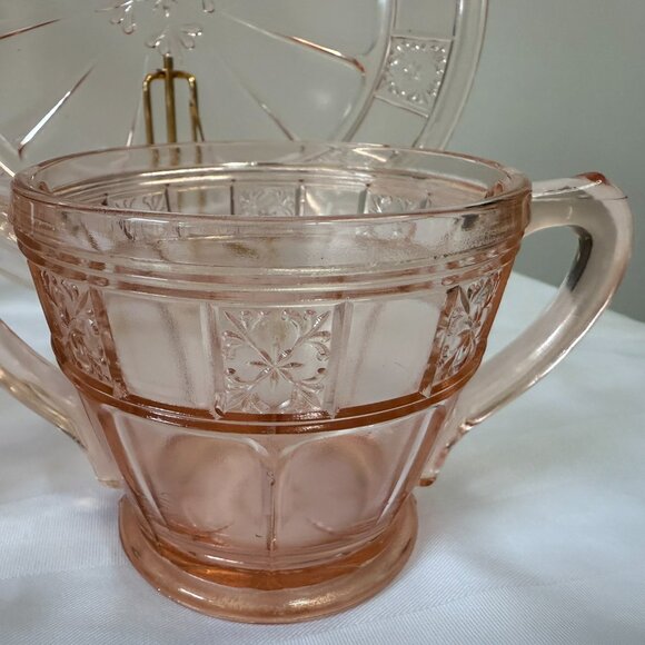 Jeannette Doric Pink Depression Glass Set Vintage Cream Sugar Bowls Platter Set - Picture 5 of 8